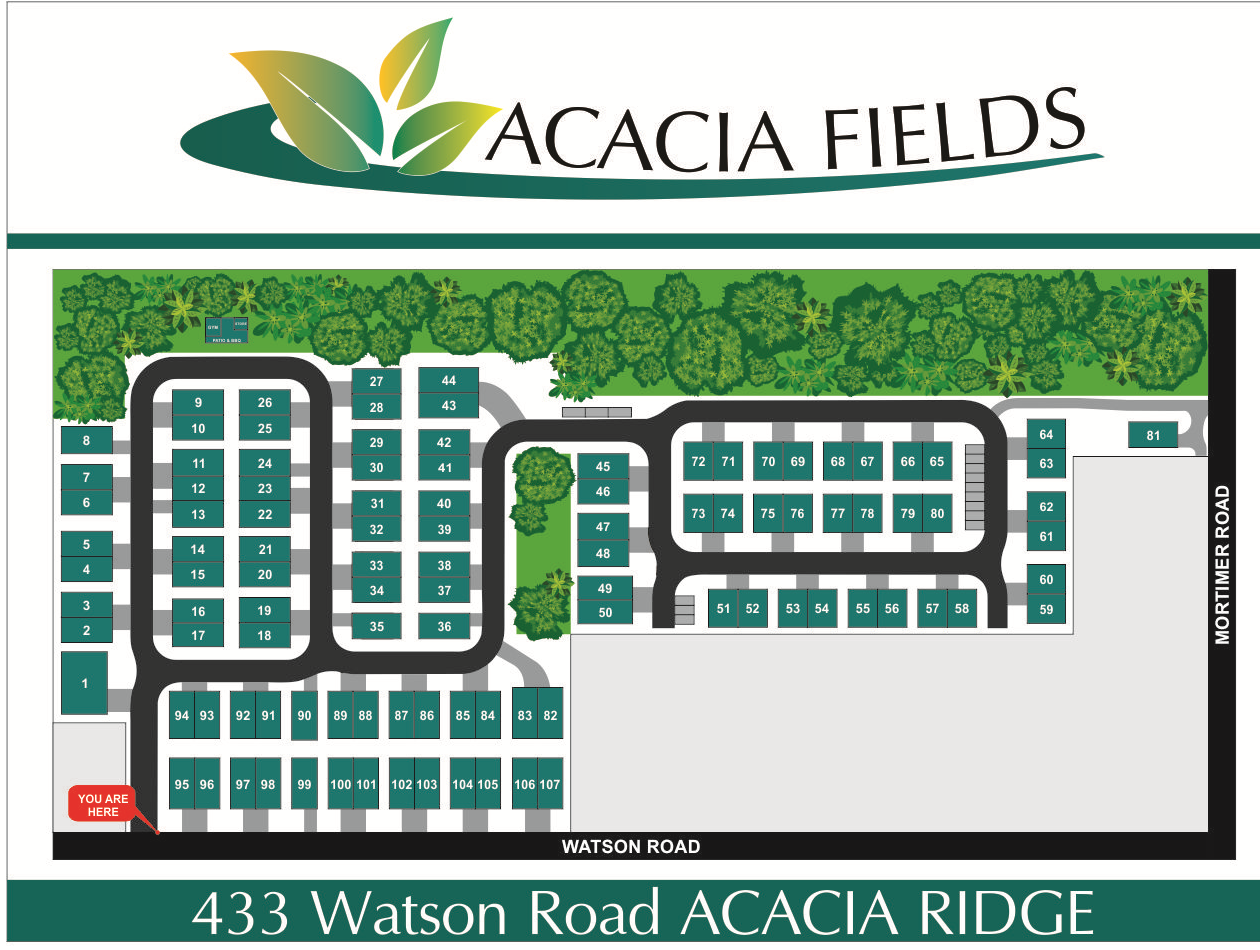 AcaciaFields site map showing lot numbers, internal roads, Watson Road and Mortimer Road